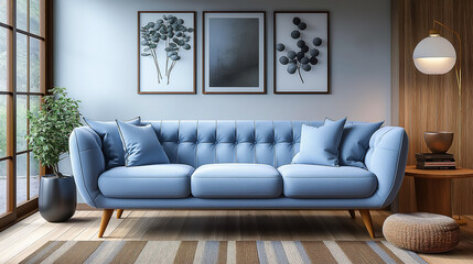 interior design in the living room in boho style, light blue sofa and wooden furniture