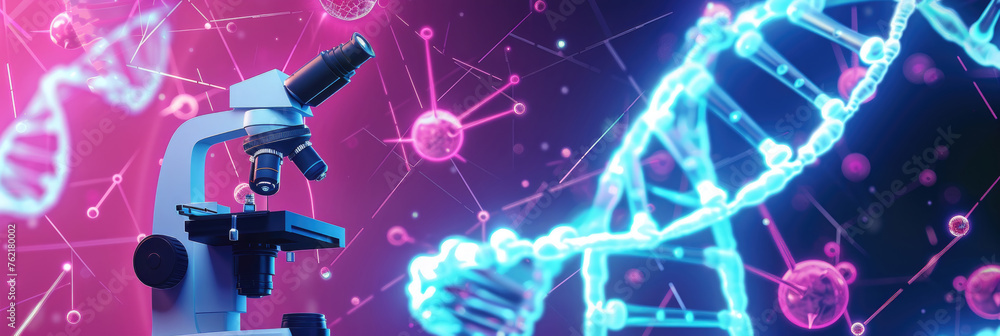 Poster a laboratory microscope with a backdrop of dna strands and molecular structures