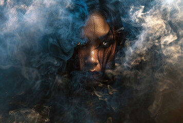 her face is hidden in the dense smoke