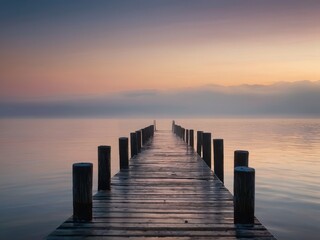 A wooden pier at misty dawn in a still sea HD Wallpapers - obrazy, fototapety, plakaty