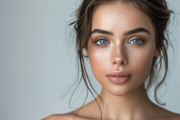 Naklejka premium Mesmerizing Close-Up Portrait of a Young Woman with Striking Blue Eyes and Flawless Skin