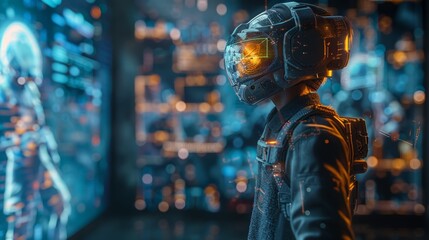 A guy in a helmet with futuristic virtual glasses
