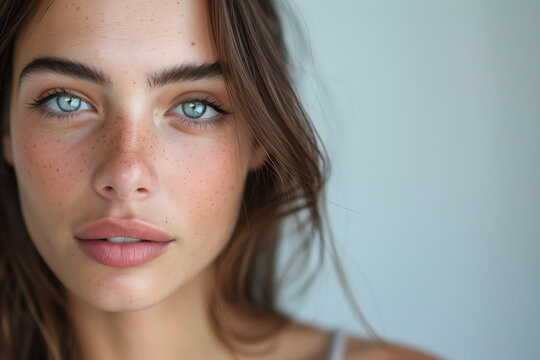 Intimate Gaze: High-Resolution Portrait of a Woman with Striking Freckles and Serene Blue Eyes