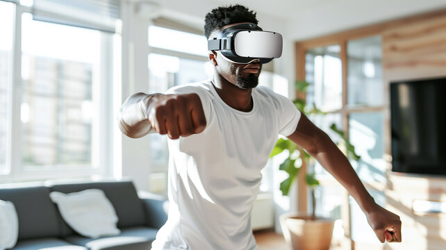 African-American man doing sports, boxing in virtual reality glasses, modern interior. Sports, modern technology, escapism, diversity. Close-up, bokeh in the background.