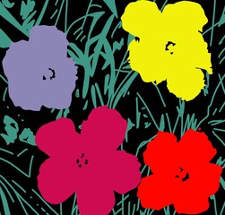 fiori colorati in campo verde, pop art illustrazione