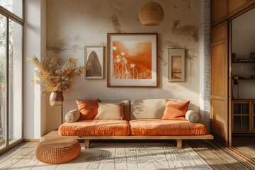 Scandinavian interior design of a modern living room, light peach sofa and wooden furniture