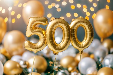 celebrating 500, 500 made of golden helium balloons floating on a string, reaching a milestone and celebrating success 
