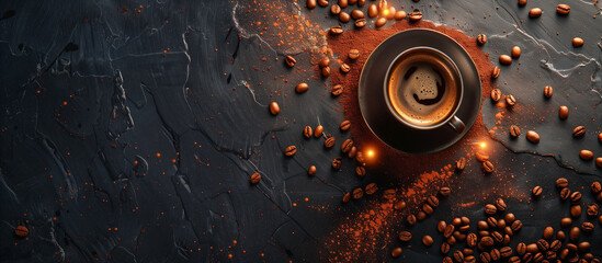 cup of black coffee surrounded by coffee beans on rustic black background 