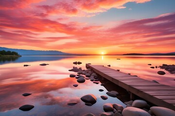 "A stunning sunset over a serene lake, with vibrant hues of orange and pink reflecting off the calm waters."