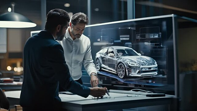 Professional automotive engineers working on an augmented reality 3D prototype of an electric vehicle chassis. Automotive innovation facility. Future smart auto
