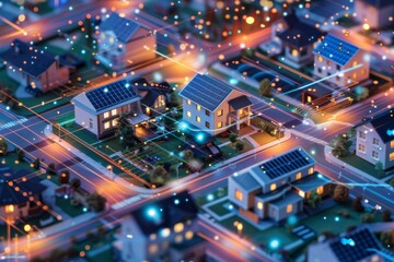 Obraz premium Revolutionizing Home Intelligence with Wind Power Plants: Smart Energy Homes Integrated with Eco-Friendly Technology & Isometric Graphics for Future Living Design & Sustainable Energy Solutions