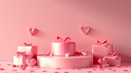 Obraz na płótnie Canvas Pink podium background for product, Symbols of love for women's holiday, Valentine's Day, 3D rendering.