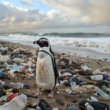 Penguin on the beach with garbage, plastic waste. generative ai