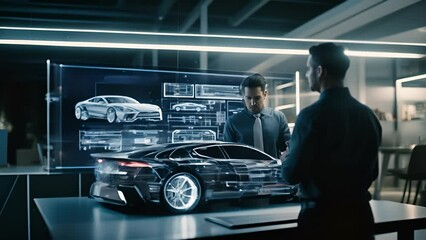Professional automotive engineers working on an augmented reality 3D prototype of an electric vehicle chassis. Automotive innovation facility. Future smart auto - Powered by Adobe