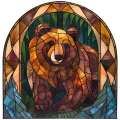 Stained Glass Brown Bear Sublimation in Arch Isolated on transparent background. - obrazy, fototapety, plakaty