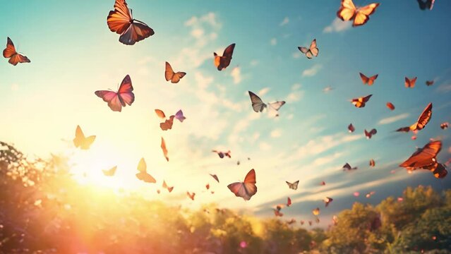 Butterflies in flight, symbolizing a life of freedom and liberation. Capture the beauty, grace, and sense of boundless possibility as the butterflies flutter through the air	