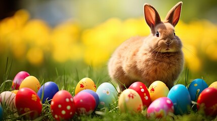 Fototapeta na wymiar Colorful easter eggs and rabbit on green grass - generative ai