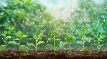 Plant saplings growing scene during rain season, Arbor Day concept illustration 