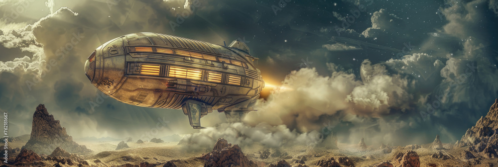 Poster ыpace ship hovers in the sky, showcasing futuristic design and advanced technology against the backd