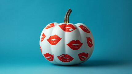 Obraz premium Funny Thanksgiving banner with copy space. A white pumpkin with painted red lipstick kisses on a teal blue background. A pop art lips, punk, shouty, quirky Hallowee concept design. A playful & unique.