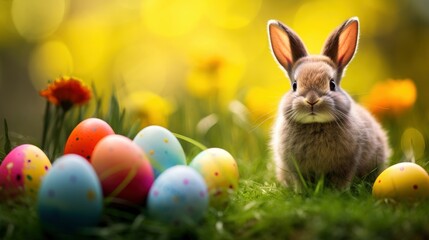 Fototapeta na wymiar Colorful easter eggs and rabbit on green grass - generative ai