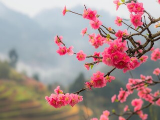 Close-up of vibrant pink sakura flowers with a hazy mountainous backdrop evoking a serene and peaceful atmosphere.