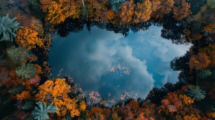 Fototapeta na wymiar Drone view of a serene lake mirrors the fiery colors of an autumn forest, with leaves floating on the water surface creating a tranquil scene. Autumnal Forest Reflecting on a Serene Lake