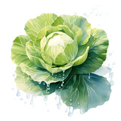 Cabbage cut, floating in wavy water, Top view, vegetable, watercolor illustration, single object, white background for Celery removing background. - obrazy, fototapety, plakaty