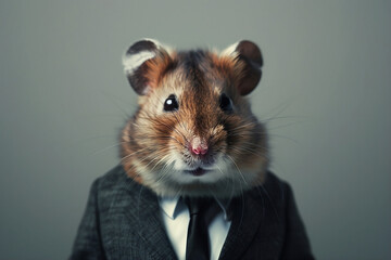 Portrait of a Hamster in a Formal Business Suit Against a Grey Background