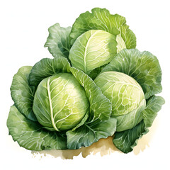 Fototapeta premium Cabbage, Terraced Vegetable Display, vegetable, watercolor illustration, single object, white background for removing background.