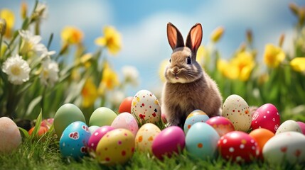 Colorful easter eggs and rabbit on green grass - generative ai