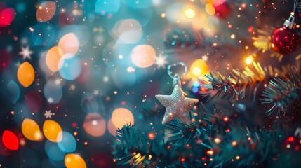 Fototapeta na wymiar Blue, red, yellow, blue, white blurred festive bokeh background with stars for Christmas
