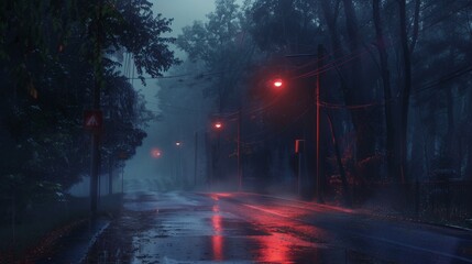 An empty illuminated country asphalt road through the trees and village in a fog on a rainy autumn...