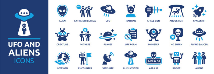 UFO and aliens icon set. Containing alien, spaceship, encounter, invasion, space gun, martian, creature, Area 51 and more. Solid vector icons collection.