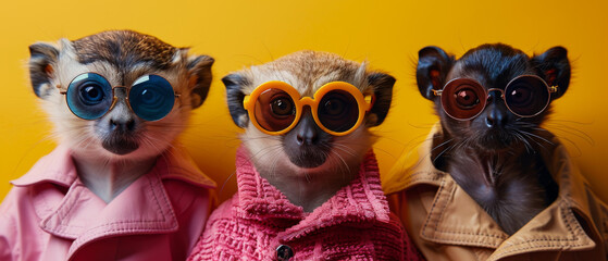 Trio of primates with obscured faces sporting eyeglasses make a humorous statement against a bold yellow background