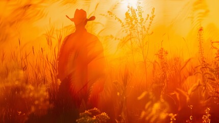 Silhouette of a cowboy on prairie with orange vibe. - obrazy, fototapety, plakaty