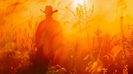 Wandcirkels tuinposter Silhouette of a cowboy on prairie with orange vibe. © Wildan