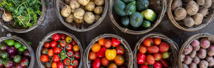 fresh ripe vegetables in round baskets on the market - obrazy, fototapety, plakaty
