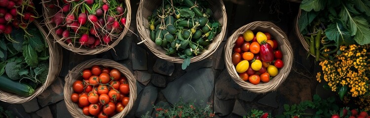 fresh ripe vegetables in round baskets on the market