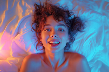 happy sexy young woman girl lying on bed having an orgasm while having sex in bedroom