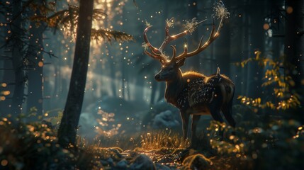 Deep within the enchanted woods, a mystical stag stands regally, its majestic antlers crowned with shimmering jewels as it guards the secrets of the forest with noble grace. - obrazy, fototapety, plakaty