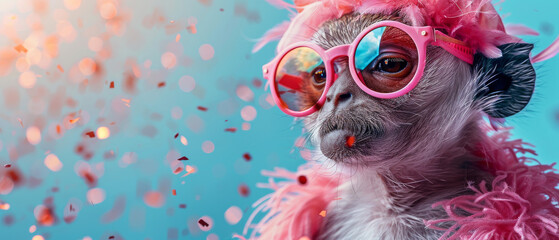 A captivating monkey wearing pink sunglasses amid falling red confetti, wrapped in a luxurious pink feather boa