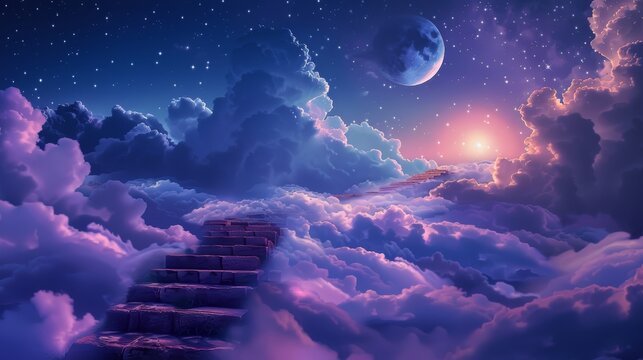 Stairway Curving Through Clouds Into The Light Of Heaven With Dreamy Night Sky.
