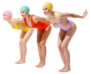 Sportive slim three young women in vintage retro swimming suits posing isolated over transparent...