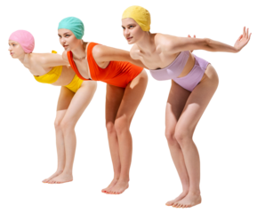 Sportive slim three young women in vintage retro swimming suits posing isolated over transparent background. Concept of beauty, fashion, vintage style, summertime, party, active lifestyle, hobbies, ad