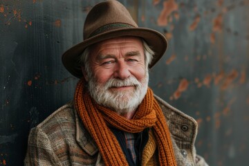 Elderly man smiling at camera. A close-up portrait of an elderly, man with a warm smile, wearing fashionable clothes.