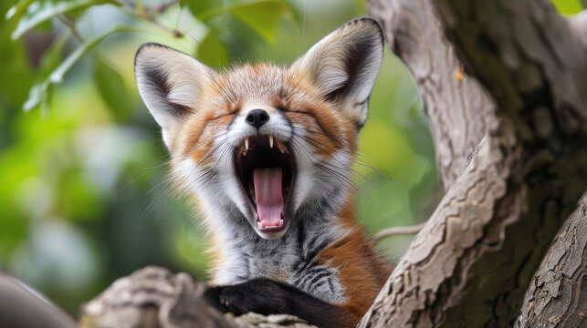 A baby fox is sleeping on a tree branch. The fox has its mouth open and is yawning