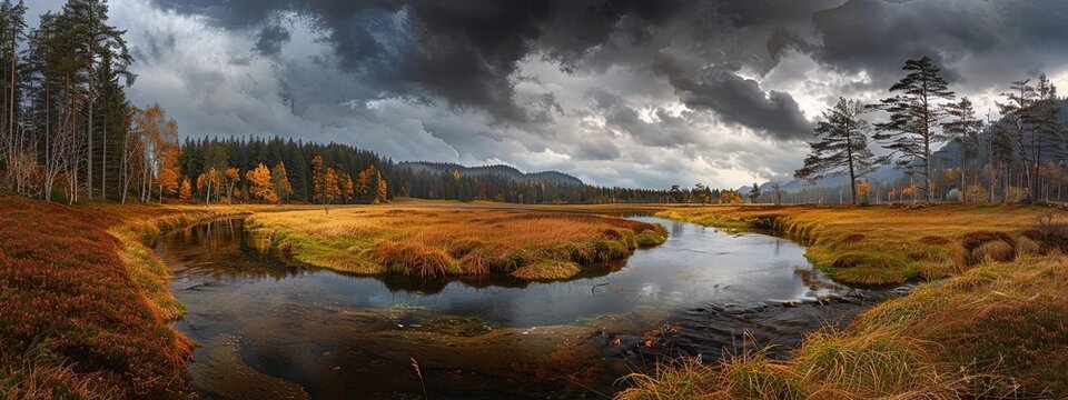 a small river in autumn, a meadow and forest on each side.