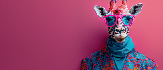 A hip and colorful giraffe stands out against a pink background, exuding coolness with its shades and fashion - obrazy, fototapety, plakaty