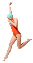 Jump. Young Caucasian woman in retro style swimming suit and cap jumping into water isolated over transparent background. Concept of beauty, fashion, vintage style, summertime, party, vacation.